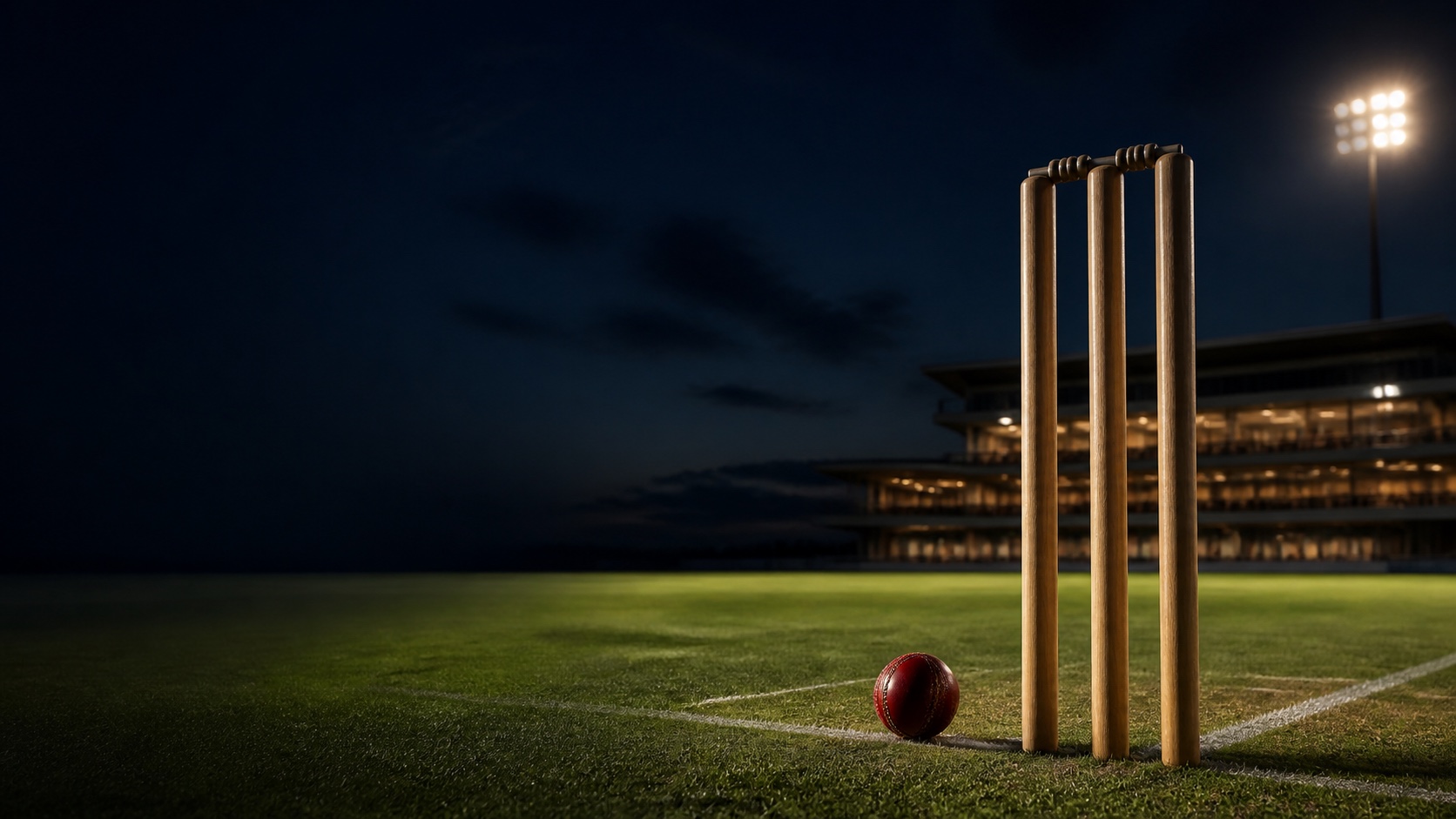 Cricket stumps and a red ball on a lush floodlit ground before a fixture
