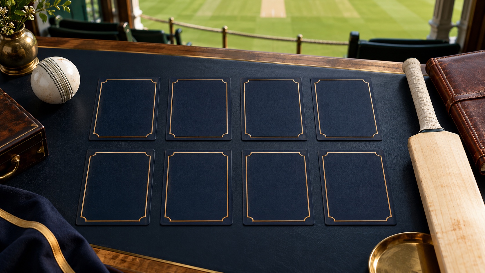 Eight navy player cards arranged on an elegant cricket selection table